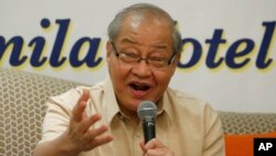 Philippine Ambassador to Beijing, Chito Sta. Romana, tells a forum on South China Sea Monday, Feb. 19, 2018 in Manila, Philippines.