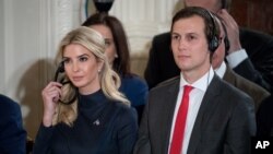 FILE - Ivanka Trump, daughter of President Donald Trump, and her husband, presidential senior adviser Jared Kushner, attend a news conference with the president and German Chancellor Angela Merkel at the White House, March 17, 2017.