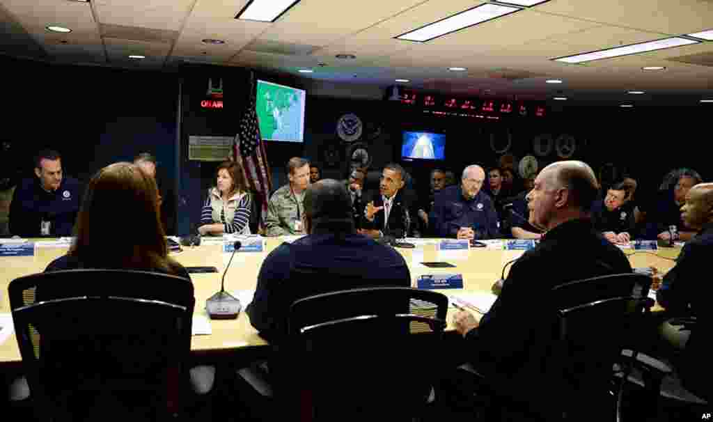 President Barack Obama speaks during a briefing at Federal Emergency Management Agency headquarters in Washington, October 28, 2012.
