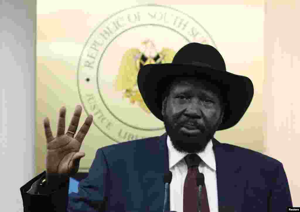 South Sudan's President Salva Kiir gestures during a news conference in Juba, Dec. 18, 2013. Kiir says the U.N. Mission in South Sudan was set up as a parallel government to his. 