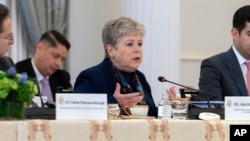 Mexico's Foreign Secretary Alicia Bárcena Ibarra speaks during a migration meeting with Secretary of State Antony Blinken and Guatemala's Foreign Minister Carlos Ramiro Martinez at Department of State in Washington, Feb. 28, 2024. 