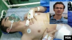 امید کوکبی پس از عمل جراحی و تخلیه یکی از کلیه هایش در بیمارستان