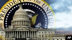 Image of the U.S. Capitol building with the seal of the president behind it