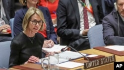 U.S. United Nations Ambassador Kelly Craft address the U.N. Security Council after a failed vote on a humanitarian draft resolution for Syria, Thursday Sept. 19, 2019 at U.N. headquarters. (AP Photo/Bebeto Matthews)