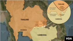 柬埔寨和泰国题图，以及引起两国边境冲突的柏威夏寺的地理位置示意图。