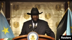 FILE - South Sudan's President Salva Kiir addresses a news conference at the Presidential palace in Juba.