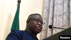 Sierra Leone's President Julius Maada Bio addresses the audience during an event in which he declared a national emergency on rape and sexual violence, in Freetown, Sierra Leone, Feb. 7, 2019.