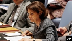 FILE - Rosemary DiCarlo, then deputy U.S. ambassador to the United Nations, speaks before the Security Council, Aug. 5, 2014. She said on March 16, 2022, at the U.N. that having parallel administrations in Libya could lead to unrest and perhaps scuttle elections.