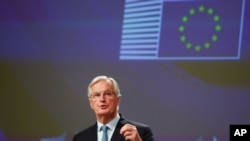 European Union chief Brexit negotiator Michel Barnier speaks during a media conference at EU headquarters in Brussels, Oct. 17, 2019. 