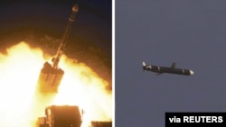 북한 관영 매체가 13일 공개한 '신형 장거리 순항미사일' 시험 발사 사진. "11일과 12일 새로 개발한 신형 장거리 순항미사일 시험발사를 성공적으로 진행했다"고 설명했다. 