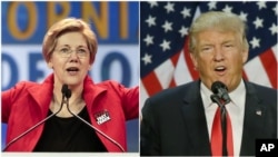 From left, U.S. Senator Elizabeth Warren, a Democrat from Massachusetts, at the California Democrats State Convention in Anaheim, Calif., May 16, 2015, and Republican Donald Trump at a rally in Eugene, Oregon, May 6, 2016.