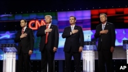 از راست جان کیسیک، تد کروز، دونالد ترامپ و مارکو روبیو، نامزدهای جمهوریخواه که برای کسب نامزدی این حزب تلاش می کنند. 