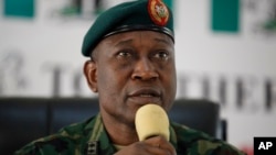 Maj. Gen. Chris Olukolade, Nigeria's top military spokesman, speaks during a press conference on the abducted school girls in Abuja, Nigeria, May 28, 2014. 